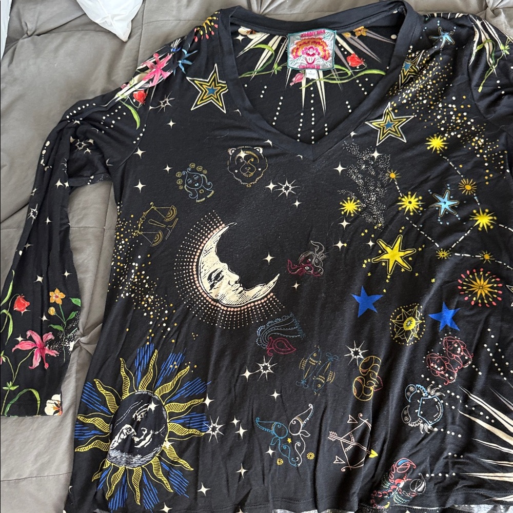 Johnny Was Black Celestial and Floral Long Sleeve Top